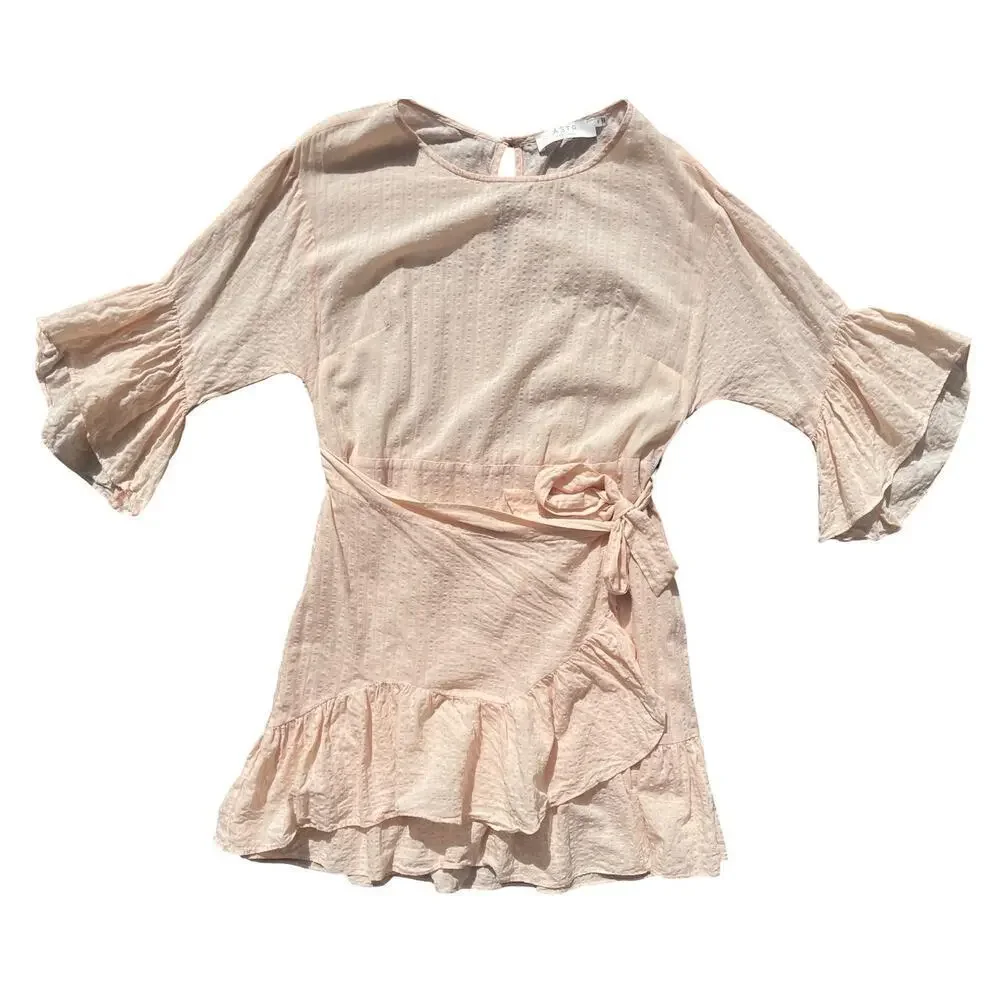 ASTR the Label Blush Pink Ruffle Bell Sleeve Faux Wrap Mini Dress - Size Medium - Picture 5 of 12